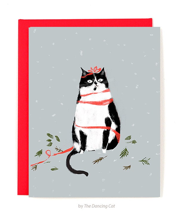 Seasons Greetings - Christmas Cat Card - Tuxedo Cat