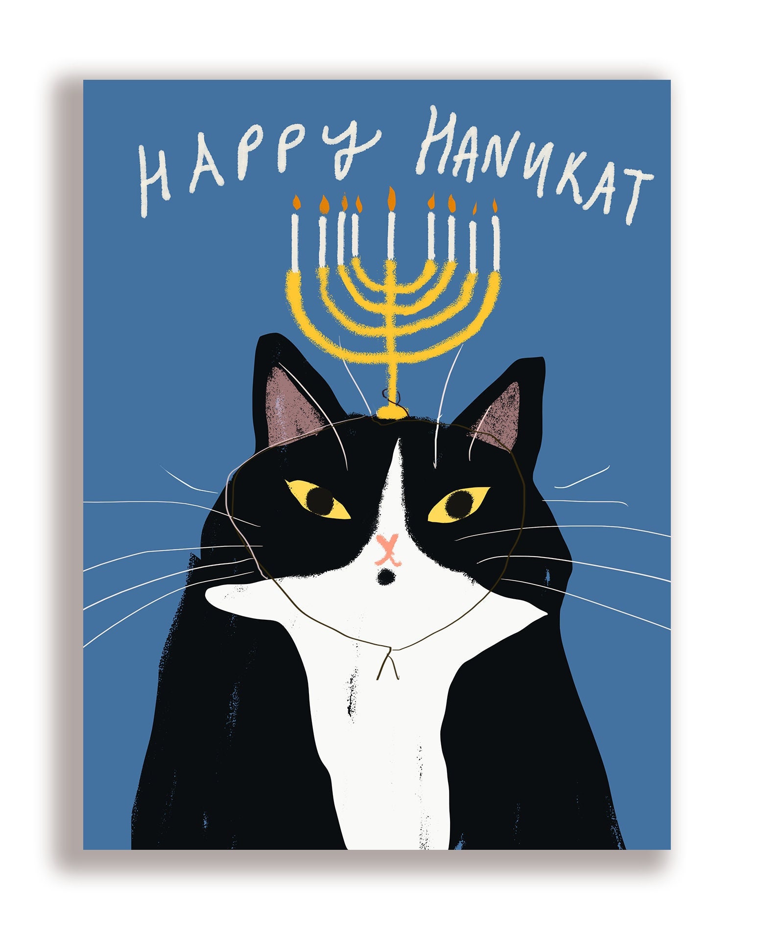 Happy Hanukat - Hanukkah Cat Card - Menorah Hat - Etsy