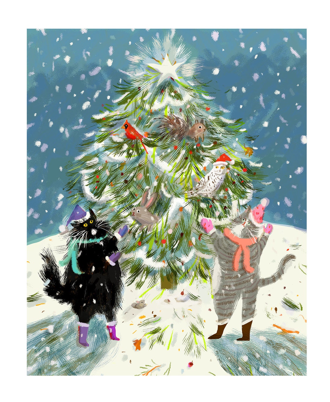 Forest Friends Christmas Cat Print Christmas Art Holiday Decor Limited