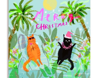 Merry Christmas Beach Cats Card - Square