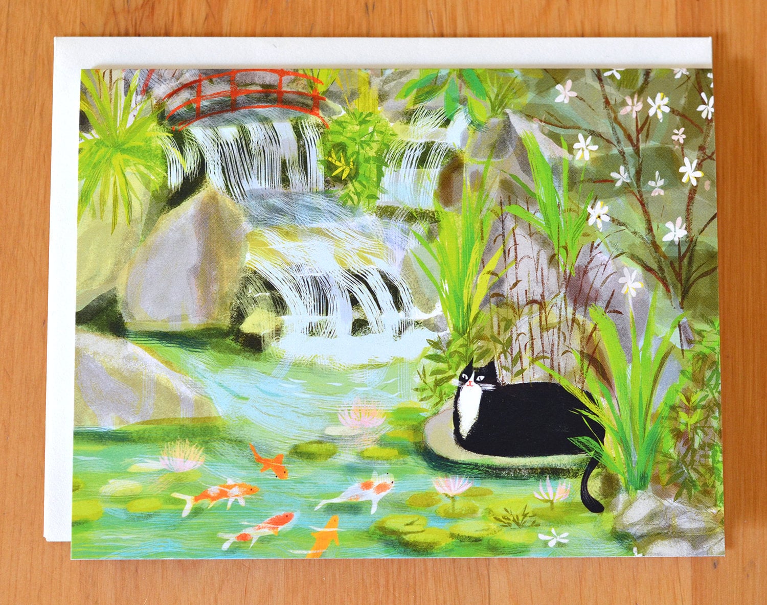 Koi Pond Kitty Card - Garden Cat - Tuxedo Cat- Calm Kitty