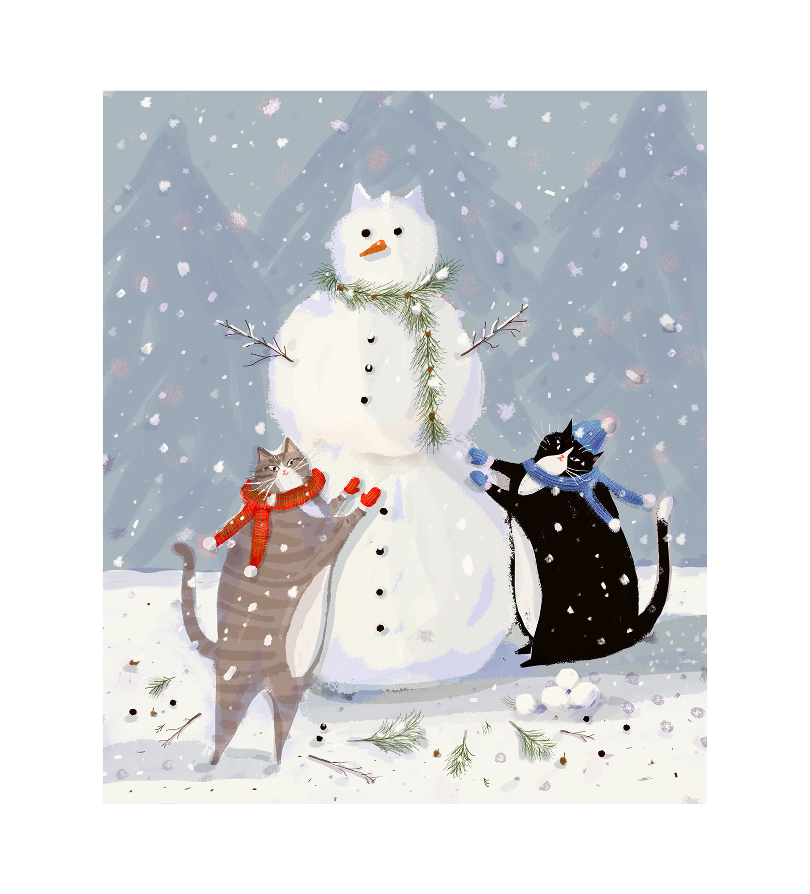 猫アート - 雪猫プリント - 猫の絵画 - 雪だるま - 冬のアート