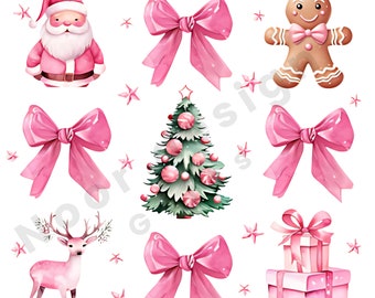 Coquette Pink Christmas Png, Pink Bow Christmas Png,Trendy Santa Png,Christmas Sublimation Design,Vintage Christmas Png, Christmas Tree Png