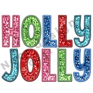 Finto ricamo Holly Jolly, ,Paillettes Glitter Sublimation Design Scarica PNG, Png di sublimazione natalizia retrò, Png con paillettes finte