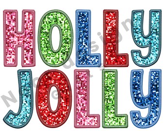 Faux Embroidery Holly Jolly, ,Sequins Glitter Sublimation Design Download PNG, Retro Christmas Sublimation Png, Faux Sequin Png