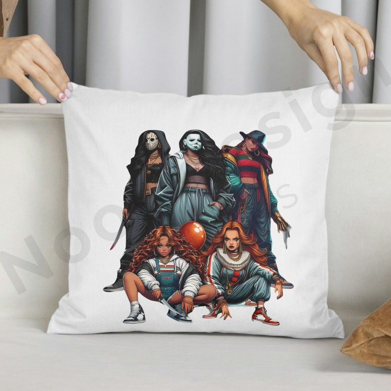 May include: White pillow with a colorful illustration of five women dressed as horror movie characters. The women are holding weapons and a red balloon. The characters are dressed in black, red, and blue clothing.