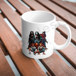 May include: White ceramic mug with a colorful illustration of five women dressed as horror movie characters. The women are holding a red balloon and a knife.
