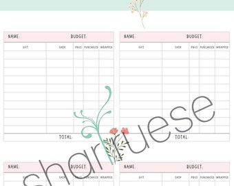 May include: A printable Christmas gift planner with four sections for listing gifts, shops, prices, and whether the gift has been purchased and wrapped. Each section has a total budget line. The planner has a floral design and the text "Make sure I am included in this gift planner".