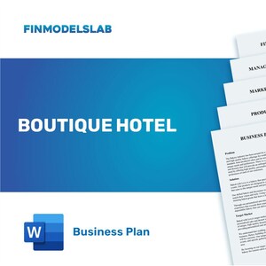 May include: A blue and white business plan template for a boutique hotel. The template is in a Microsoft Word document format and includes the text "Boutique Hotel" and "Business Plan".