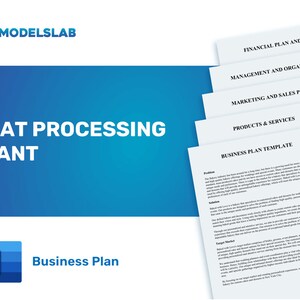 Puede incluir: Una plantilla de plan de negocios azul y blanca para una planta de procesamiento de carne. La plantilla incluye secciones para el plan financiero y las métricas, la gestión y la organización, el plan de marketing y ventas, los productos y servicios, y una plantilla de plan de negocios.