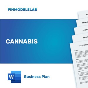 Pode incluir: Um documento azul e branco com o texto "CANNABIS Business Plan" e o logotipo do Microsoft Word. O documento faz parte de um conjunto maior de documentos com títulos como "Gestão", "Marketing" e "Produção".