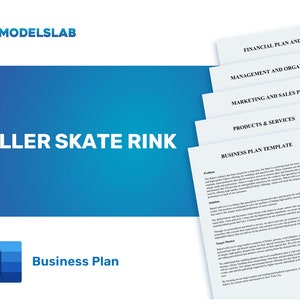May include: A blue and white business plan template for a roller skate rink. The template includes sections for financial plan and metrics, management and organisation, marketing and sales plan, products and services, and a business plan template.