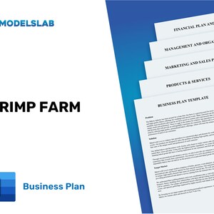 Könnte beinhalten: Eine blaue und weiße Businessplan-Vorlage für eine Garnelenfarm. Die Vorlage enthält Abschnitte für Finanzplan und Kennzahlen, Management und Organisation, Marketing- und Vertriebsplan, Produkte und Dienstleistungen sowie eine Businessplan-Vorlage.
