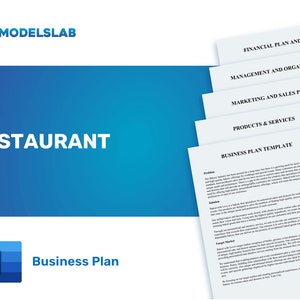 May include: A blue and white business plan template for a restaurant. The template includes sections for financial plan and metrics, management and organisation, marketing and sales plan, products and services, and a business plan template.