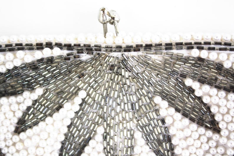 Vintage Silver and Cream Colored Beaded Art Deco Wallet Size Formal Retro Coin Purse