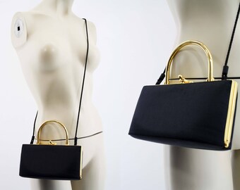 Vintage Black Satin with Gold Metal Accent Hard Case Retro Cross Body Bag/Purse