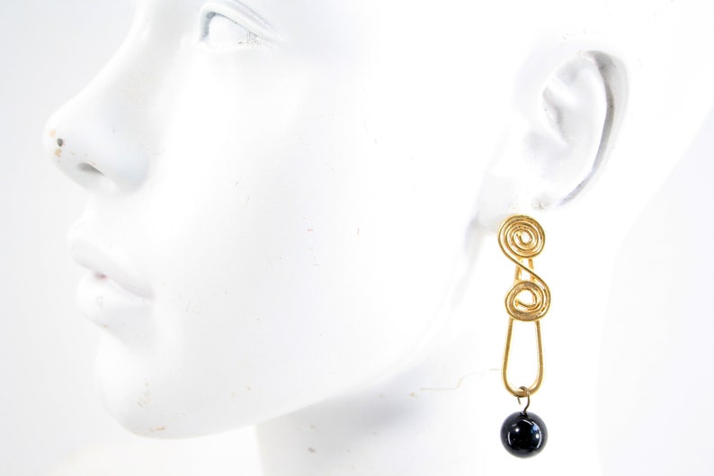 Vintage Black and Gold Tone Swirl Pattern Dangle Retro Pierced Earrings