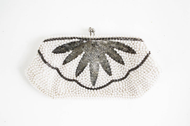 Vintage Silver and Cream Colored Beaded Art Deco Wallet Size Formal Retro Coin Purse