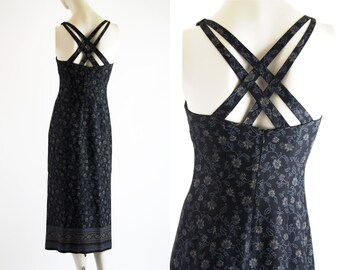 CDC Petites Woman's Vintage Navy Blue Floral Print Criss Cross Back Side Slit Sleeveless Retro Midi Tank Dress