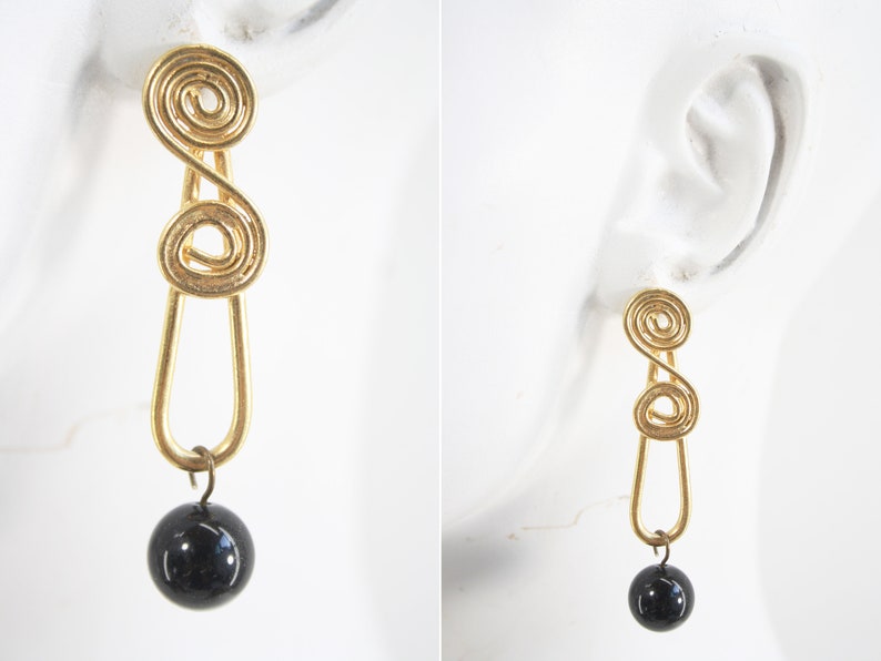 Vintage Black and Gold Tone Swirl Pattern Dangle Retro Pierced Earrings