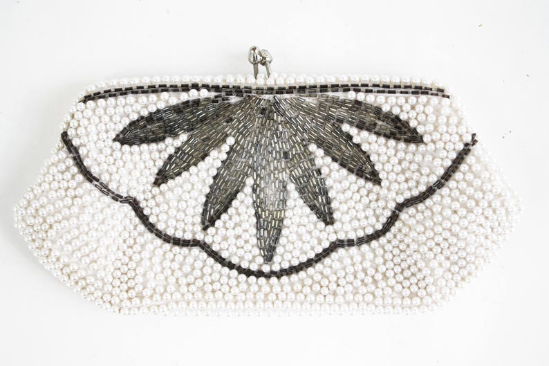 Vintage Silver and Cream Colored Beaded Art Deco Wallet Size Formal Retro Coin Purse