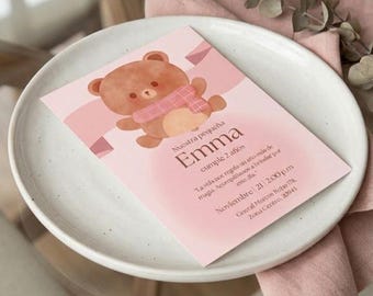 Pink Bear 1st Birthday Invitation: Minimalist Canva Template (Digital)
