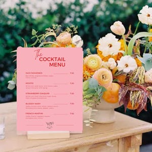 Plantilla de menú de cócteles exclusivos: letrero de bebida personalizado para bodas y eventos: menú de bar imprimible moderno