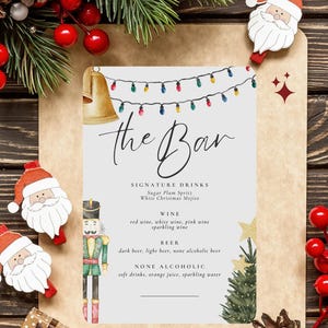 May include: A festive Christmas bar menu with a watercolor illustration of a bell and Christmas lights. The menu lists signature drinks, wine, beer, and non-alcoholic options.