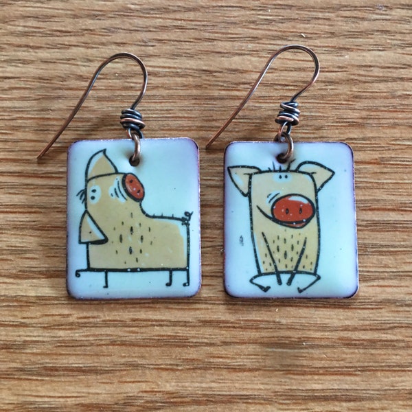 Copper enamel earrings, enamel earrings, dangle and drop earrings, enameled copper charms, dog enamels