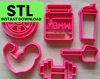 Fitness Cookie Cutter Set Digitale STL-Datei - Gewichtsplatte, Protein Shaker, Wheypulver, Bizeps und Protein Schaufel