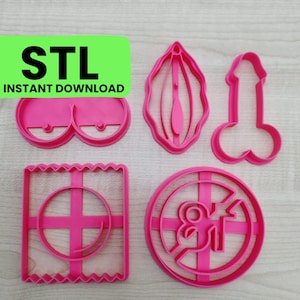Adult Cookie Cutter Set Digital STL File- Vagina, Boobs, Condom Packet, Over 18+ and Penis, Bachelorette Party Favor