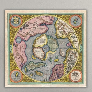 Póster de mapa del mundo de gran tamaño, póster de mapa del mundo antiguo, lienzo con mapa de la Tierra plana antigua, póster de Monte Urbano de 1587, mapa antiguo del siglo XV