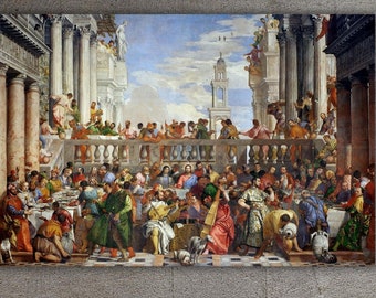 May include: A painting depicting a large gathering of people in a grand hall. The scene is filled with rich colors and intricate details, showcasing a lively event with many figures interacting.