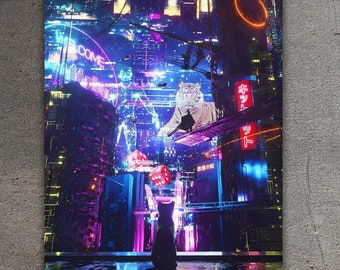 Cyberpunk Canvas Art ,Sci-Fi Decor ,Cat in Neon Rain ,Futuristic Wall Art ,Cyberpunk  cat canvas, Night Cityscape ,  Surrealistic Feline