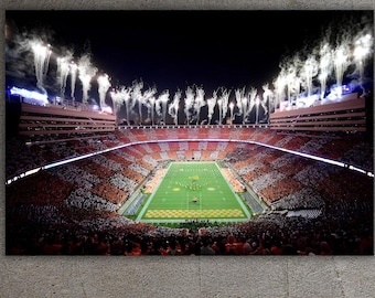 May include: A night time view of a packed football stadium with fireworks exploding in the sky above the field. The stadium is lit up with lights and the crowd is cheering.