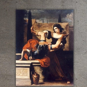May include: A painting depicting a woman helping a man who has fallen from a ledge. The woman is wearing a dark dress and the man is wearing a red and blue robe. The painting is set against a backdrop of a city.