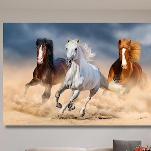 Trzy biegnące białe czarne brązowe konie zwierzęta wydruk na płótnie, 3 biegnące konie gotowe do powieszenia na płótnie, sztuka ścienna z końmi, kolorowa sztuka wydrukowana na płótnie
