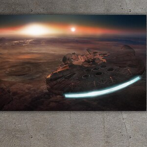 May include: A digital art print of the Millennium Falcon spaceship flying over a red and orange desert planet with two suns in the sky.