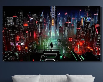 Cyberpunk Print,Game Poster Gift,Cyberpunk Poster,Cyberpunk City Canvas Wall Art, Neo Futuristic Wall Art,Ready To Hang,Game Room Art