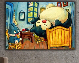 Snorlax Canvas Wall Art Print,Van Gogh Inspired Munchlax Snorlax Poster Art Print,Gift for Kids Room Wall Art Decor,Aesthetic Poster art
