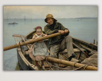 Vintage Poster Art,Emile Renouf Helping Hand 1881 Poster Print Art Canvas Wall Art,Emile Renouf Art Print,Old Fisherman Helping Young Girl