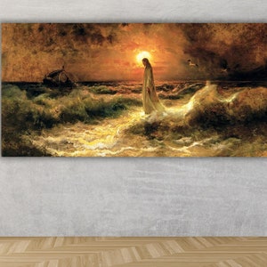 Jesus Canvas Wall Art Decor,Christian Wall Art Decor,Julius von Klever Lord Jesus Walking On Water Print Art Canvas,Lord Jesus Canvas Print