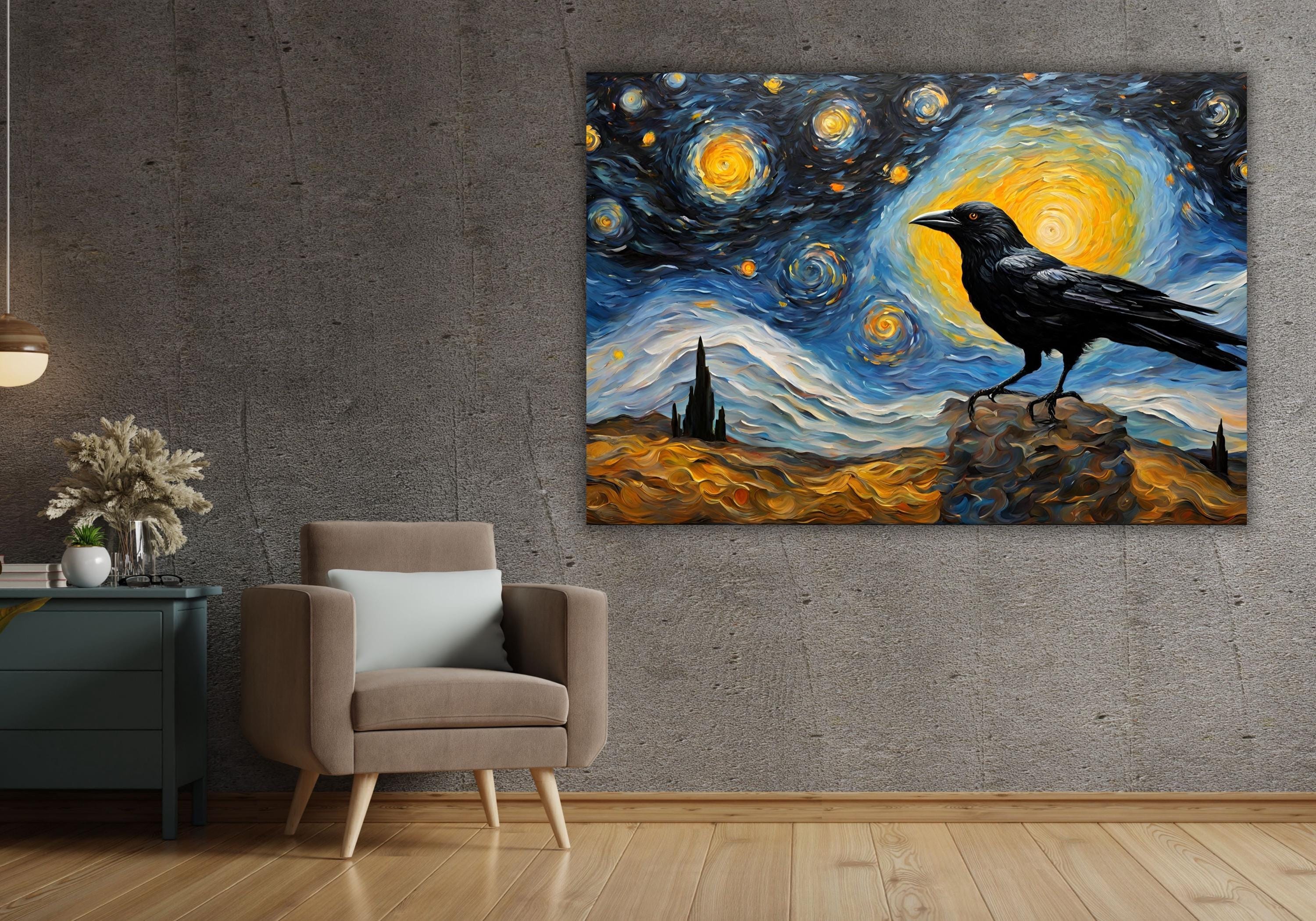 星空の夜のアートワーク、カラスのプリント、カラスの絵画、フィン