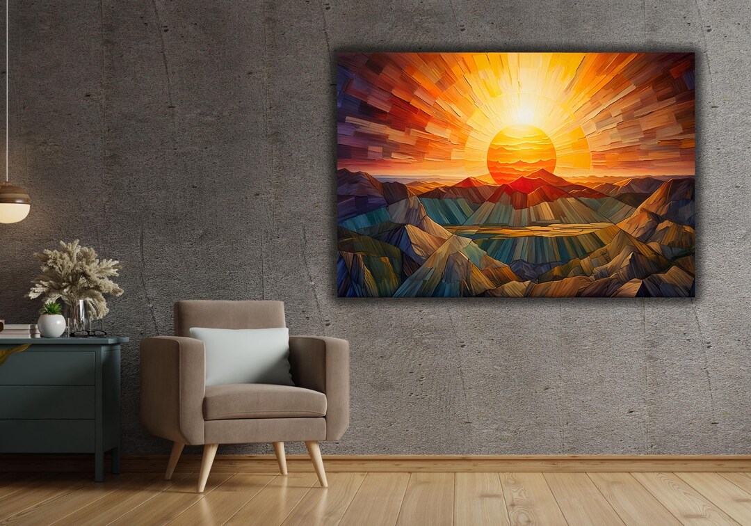 Sun and Mountain Art Canvas Wall Art,sunset Landscape Art,sunset Over ...