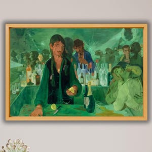May include: A painting of a bar scene with a woman in a green shirt serving a drink to a man. The bar is filled with people and bottles of alcohol. The painting is done in a green and brown color palette.