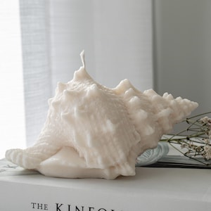 May include: A white seashell-shaped candle with a textured surface. The candle is sitting on a book with the text "The Kinfolk" visible.