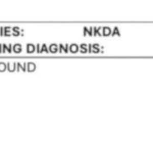 May include: A medical patient information form featuring black text on a white background. The form includes fields for patient details, allergies marked as NKDA, admitting diagnosis listed as skin/wound, goals of care, vital signs, and medication.