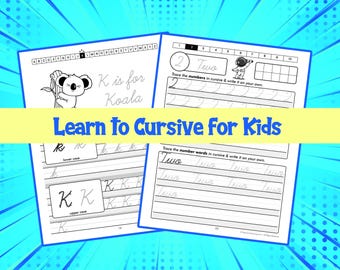 May include: A black and white illustration of a koala holding a branch with the text "K is for Koala".  The image is part of a workbook titled "Learn to Cursive for Kids" and includes practice tracing the letter K in both upper and lowercase.  The workbook also includes practice tracing the number 2 and the word "Two" in cursive.