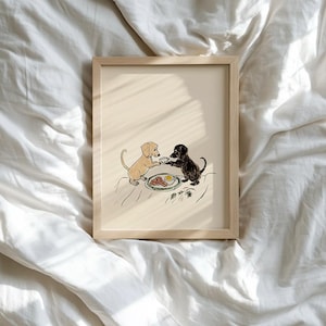 Impresión artística de café matutino con perro salchicha: ilustración minimalista de perro, regalo perfecto para dueños de mascotas, decoración estética de pared para perros, descarga digital