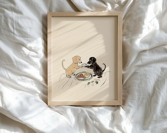 Teckel ochtendkoffie Art Print - minimalistische hond illustratie, perfect cadeau voor eigenaren van gezelschapsdieren, esthetische hond wanddecoratie, digitale download